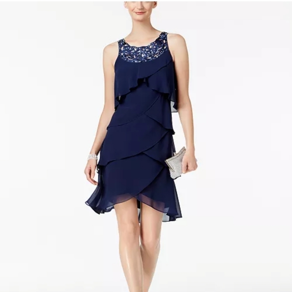 S.L. Fashions Navy Blue Tiered Mini Formal Party Dress. Size 14